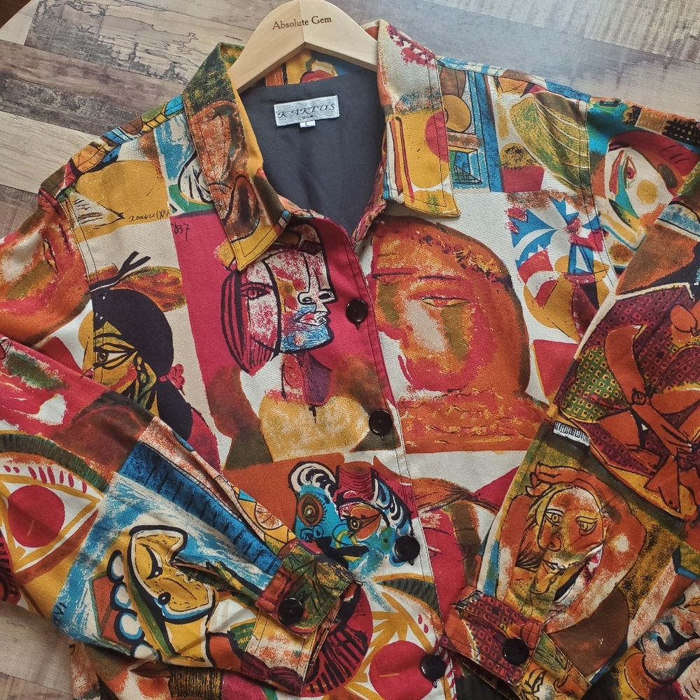Vintage 90s Kaktus Art To Wear Picasso Inspired Multicolor Button Shirt Jacket L
